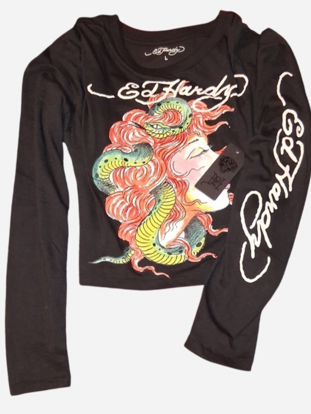 Vintage Ed Hardy "Snake Girl" Medusa Black Long Sleeve Crop Top / Baby Tee